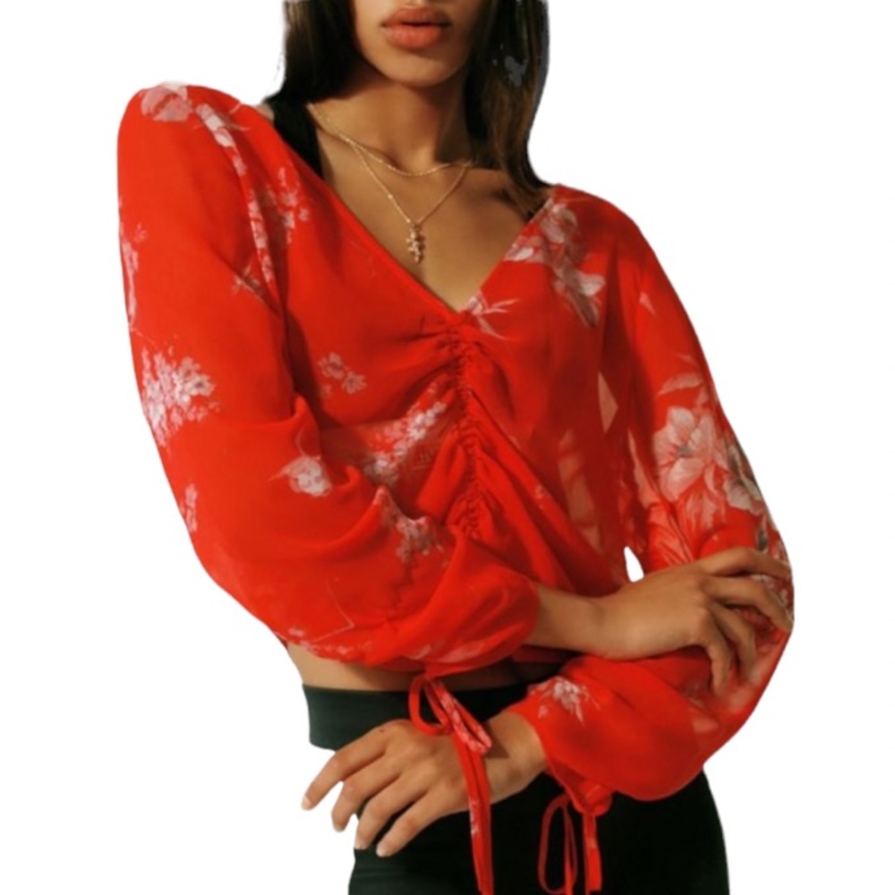 Urban Outfitters sheer red floral lace up blouse size small
